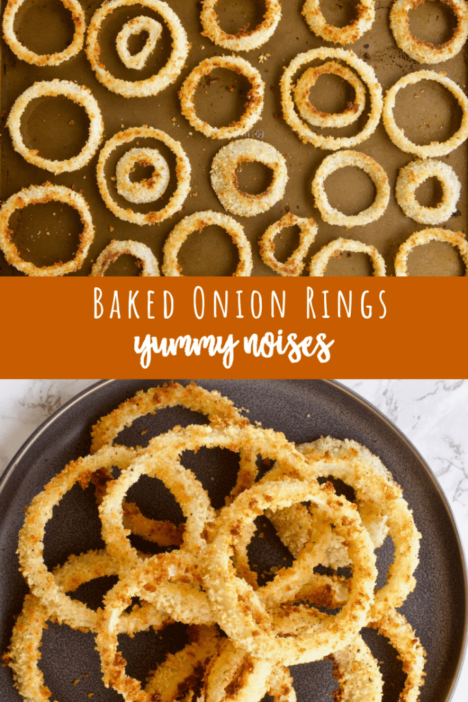 Panko breaded baked onion rings with header text that reads "Baked Onion Rings, Yummy Noises"