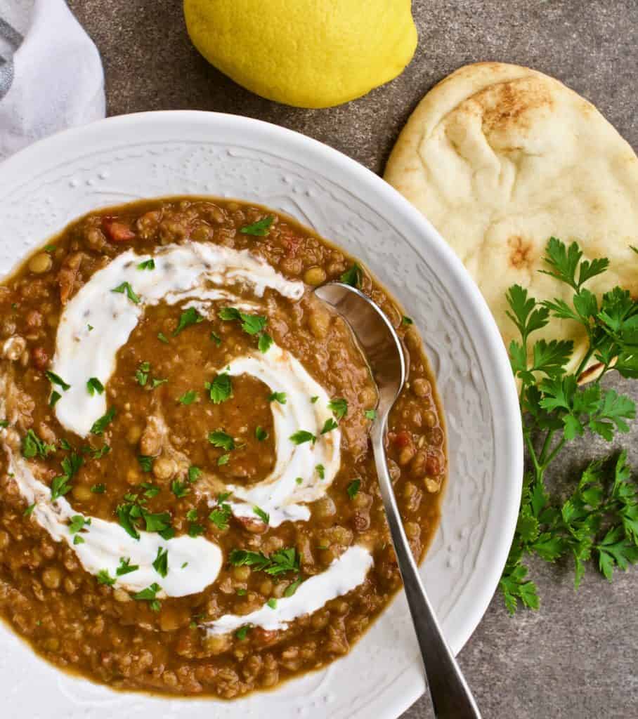 Ethiopian-spiced lentil soup with spoon inserted