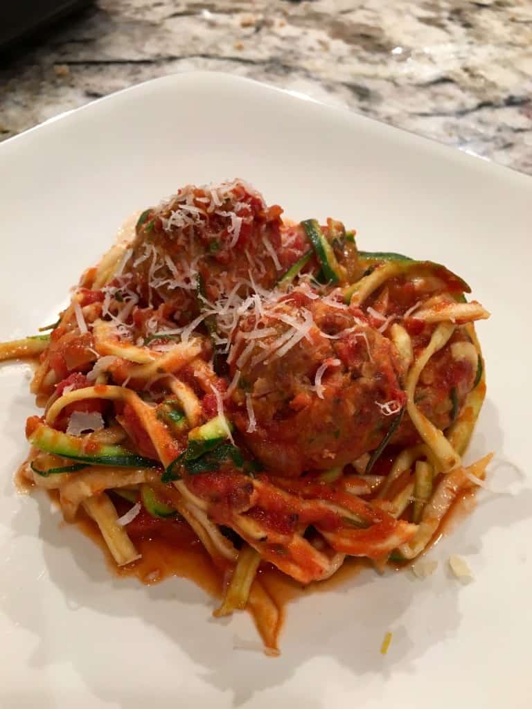 Turkey Meatballs with Spicy Tomato Sauce and Zoodles | YummyNoises.com