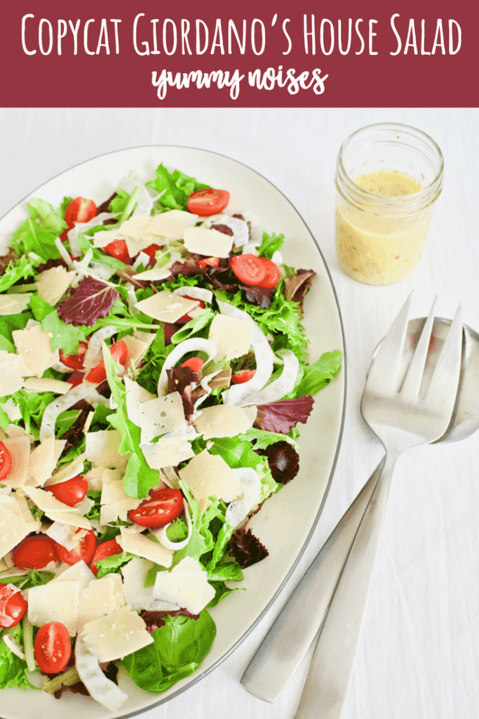 Copycat Giordano’s House Salad | YummyNoises.com A crisp and herbaceous blend of lettuce, fresh tomatoes, fragrant fennel and nutty asiago is tossed in a lemon & garlic vinaigrette – just like the house salad at Giordano’s but made right in your own home!
