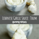 Lebanese Garlic Sauce: Toum | YummyNoises.com . This traditional Lebanese garlic sauce (or “toum”) is packed full of garlicky flavor and spreads as easily as softened butter. Commonly served with shish tawook or even just as a dip for pita bread, if you love garlic this is for you!