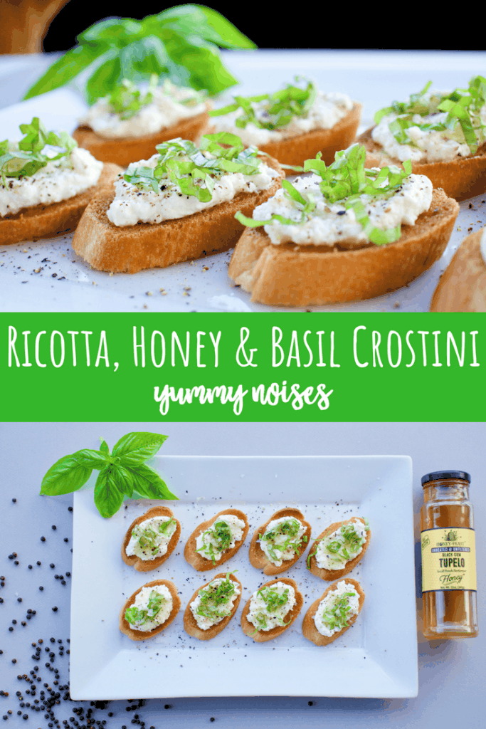 Ricotta, Honey & Basil Crostini | YummyNoises.com Toasted baguette is topped with creamy ricotta, fresh cracked pepper, fragrant basil and drizzled with honey for a perfect sweet and savory bite!