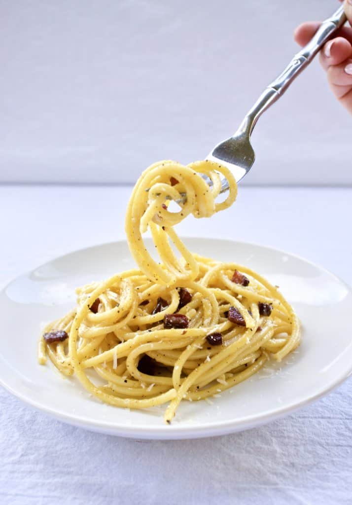Forkful of pasta alla carbonara