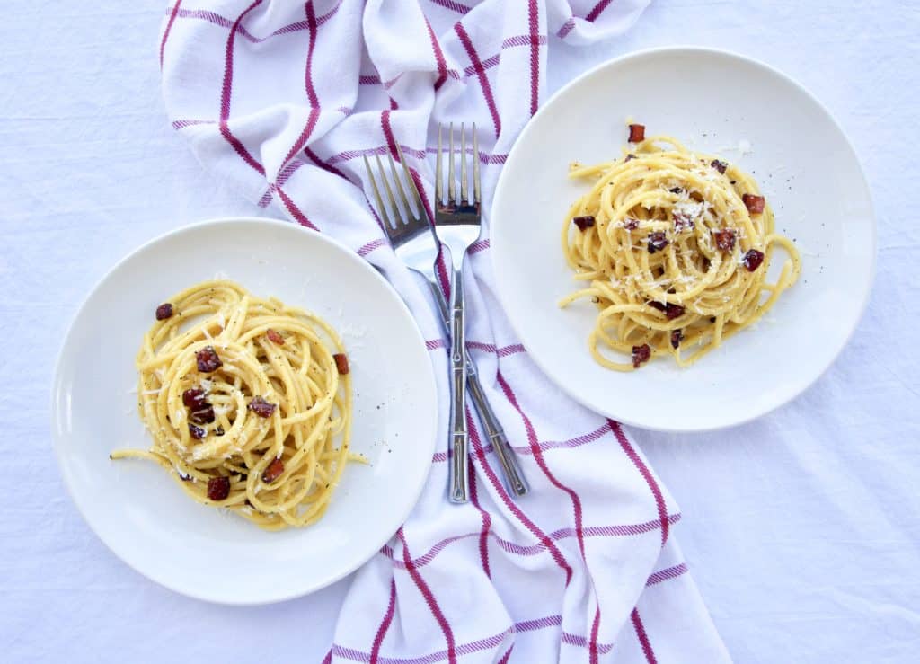 Two plates of pasta alla carbonara