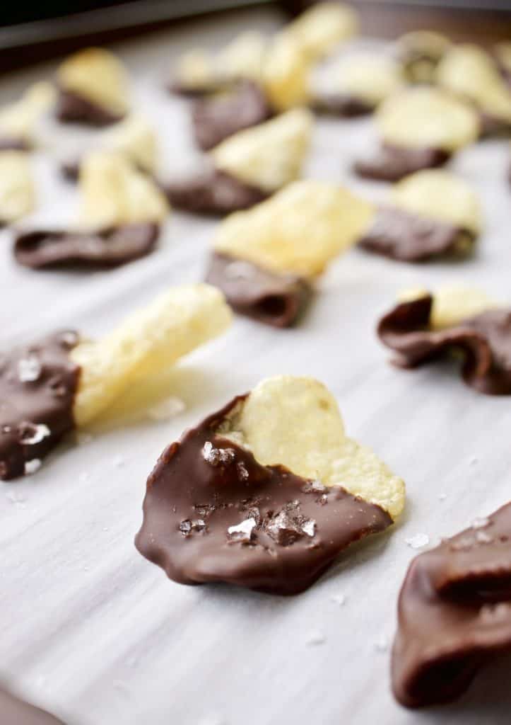 A salted dark chocolate dipped kettle chip surrounded by others