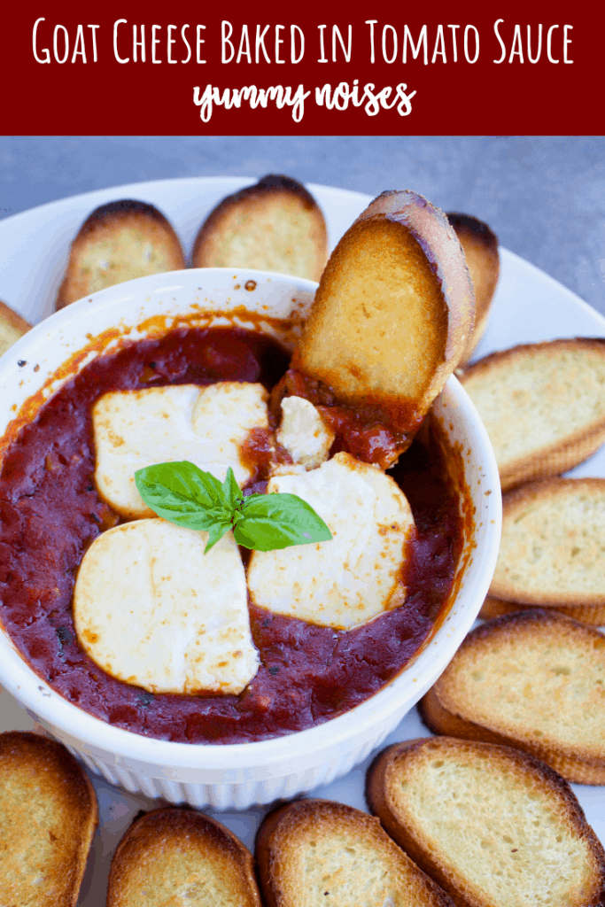 Shareable social media image of goat cheese baked in tomato sauce