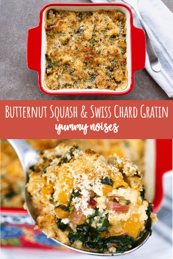 Shareable social media image of butternut squash and Swiss chard gratin