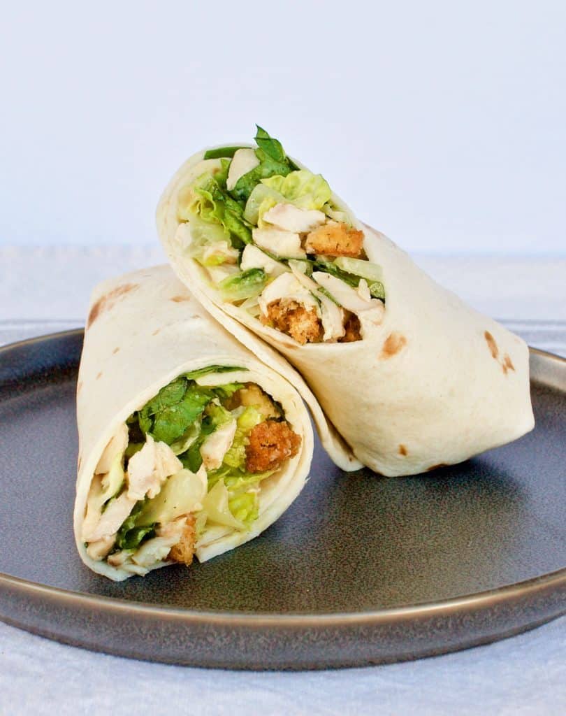 Chicken caesar salad wraps cut in half and stacked