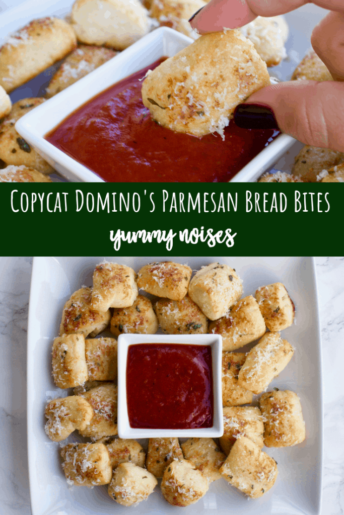 Garlic Parmesan Bread Bites - Inspired by Domino's Parmesan Bread Bites, these little nuggets of baked pizza dough are bursting with garlic, butter & parmesan cheese...what's not to love? | YummyNoises.com
