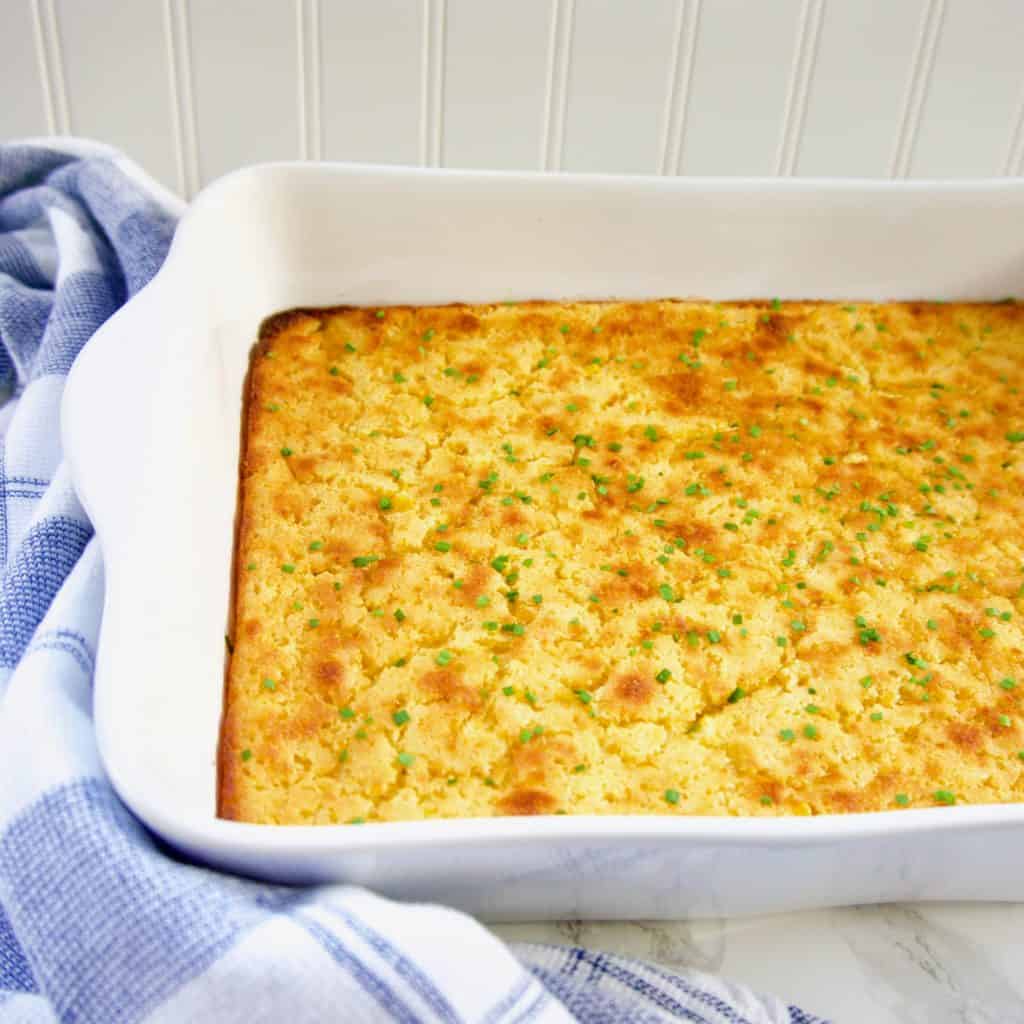 Southern corn pudding in a serving dish