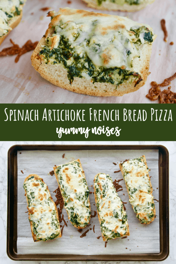 Spinach Artichoke French Bread Pizza - All the deliciousness of spinach artichoke dip packed onto french bread pizza...it's easy, crispy, cheesy, hand-held, and so yummy! | YummyNoises.com 