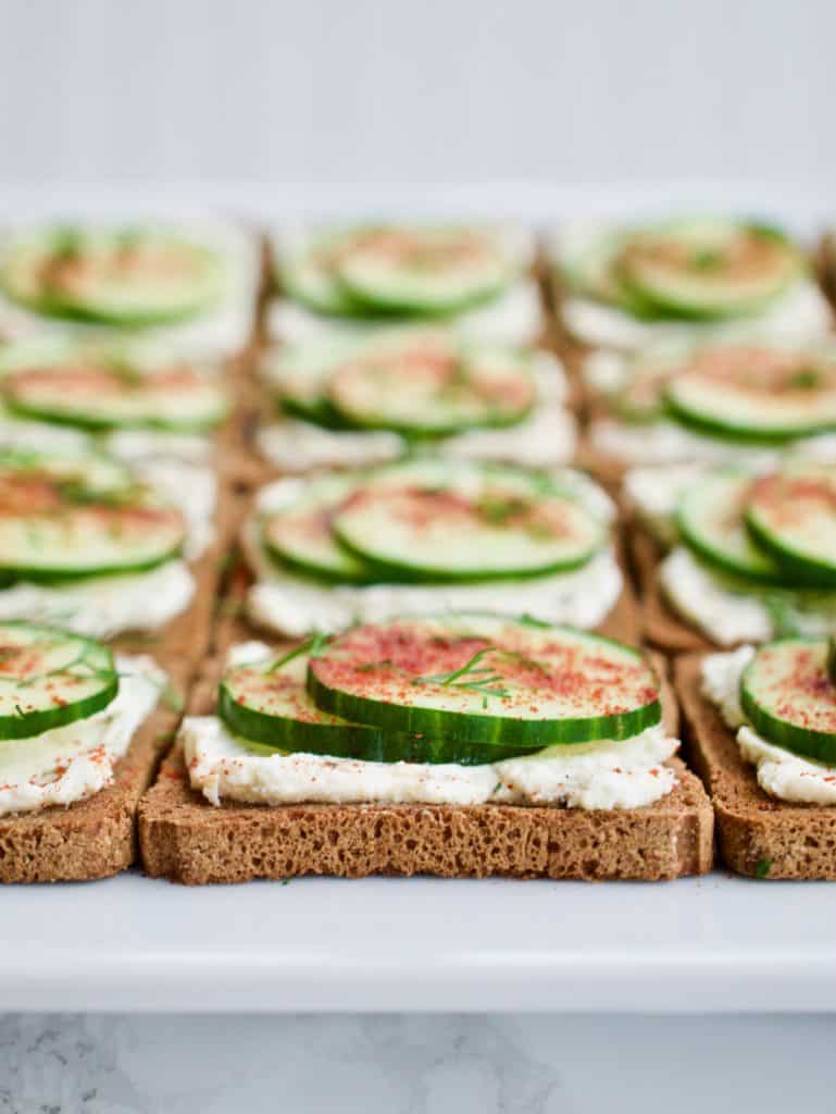 Mini cucumber toasts viewed from the front