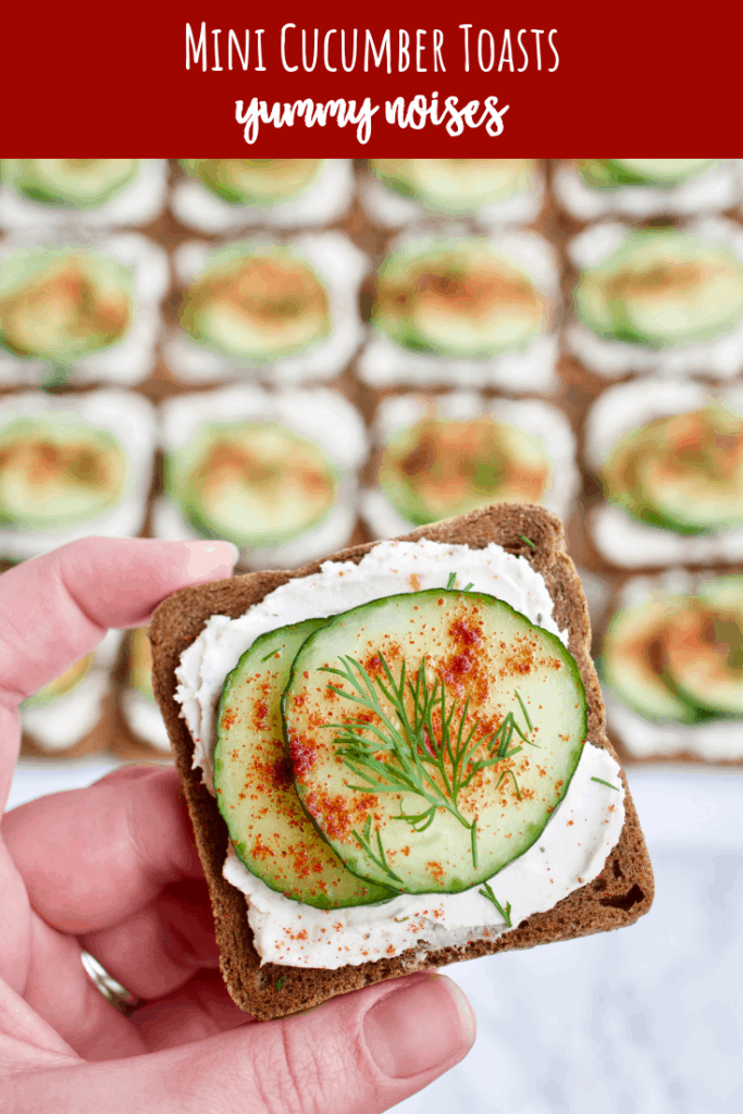Mini Cucumber Toasts - Seasoned cream cheese is spread on miniature slices of toasted bread and topped with thinly sliced cucumber, paprika and dill. | YummyNoises.com