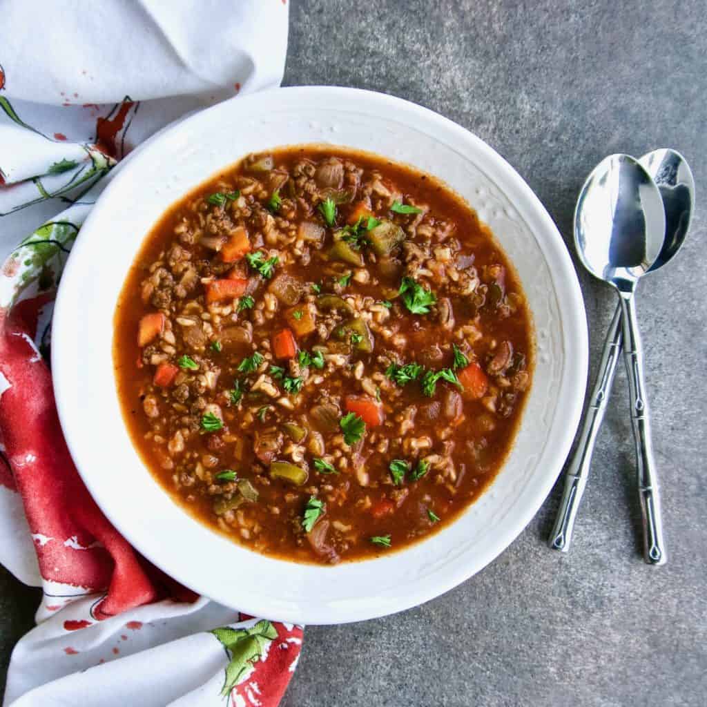 Copycat Zoup! Overstuffed Bell Pepper Soup in a white bowl