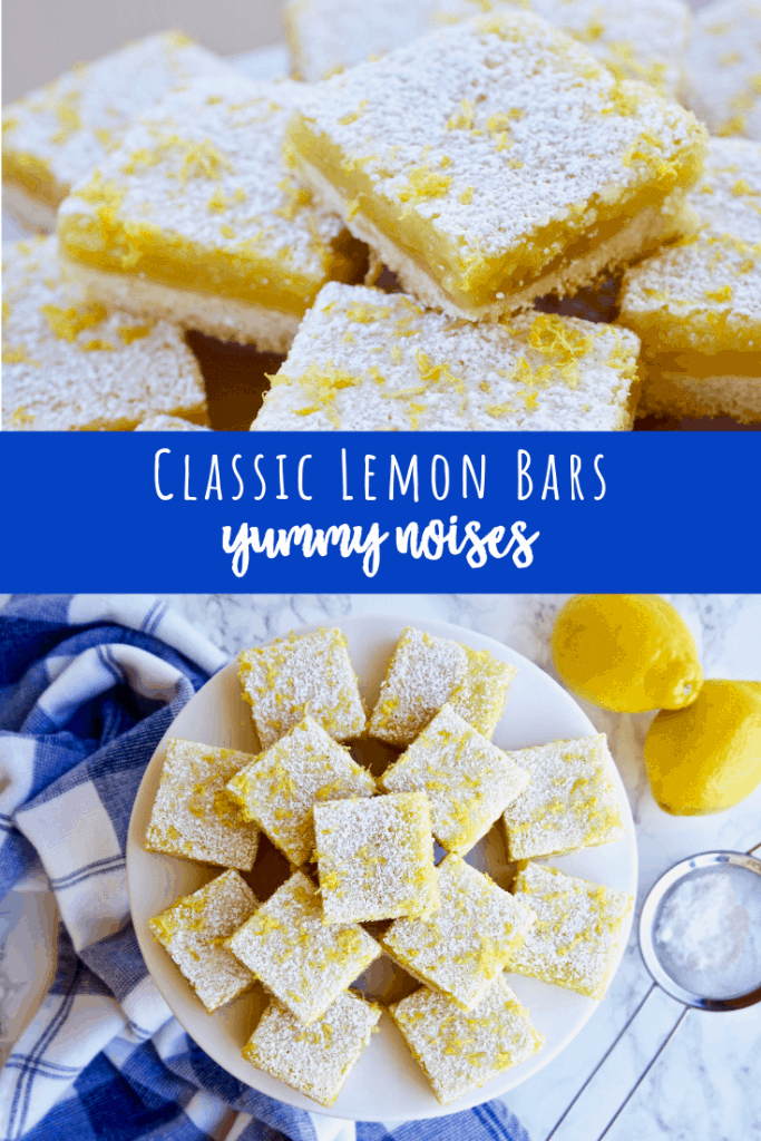 Classic Lemon Bars - This classic lemon bar recipe is easy to make and OMG delicious! The buttery shortbread crust and bright lemon filling are the perfect mixture of tart & sweet.﻿ | YummyNoises.com