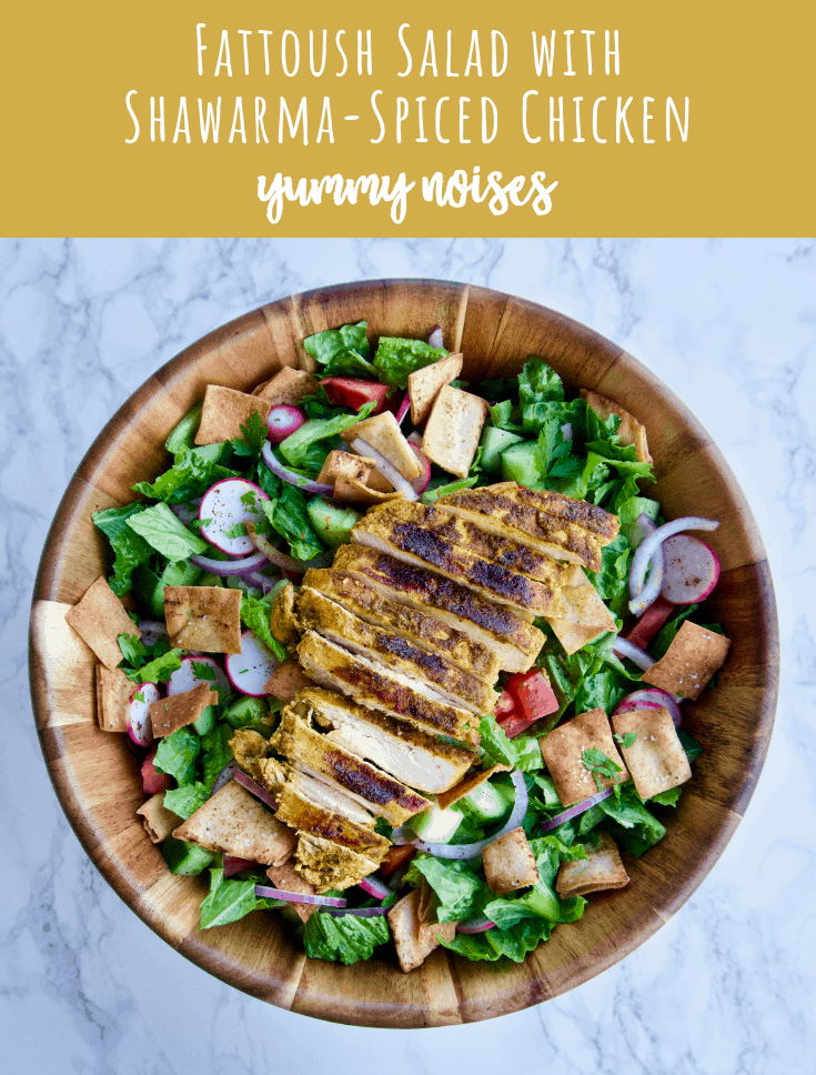 Shareable social media image of fattoush salad with shawarma-spiced chicken