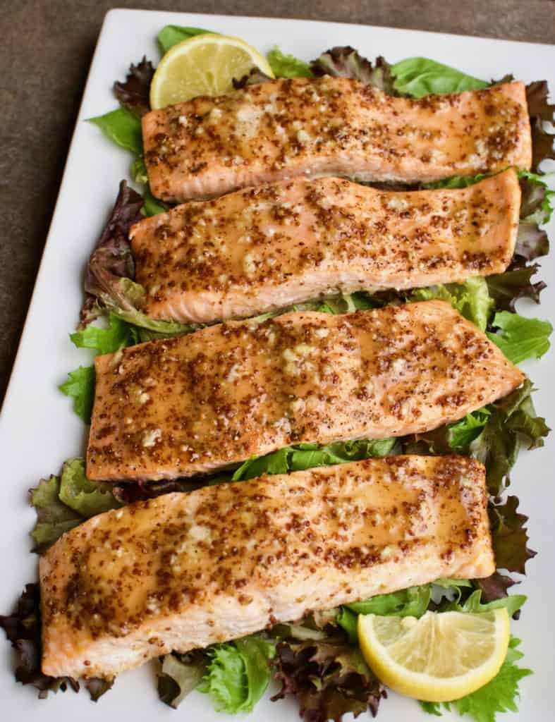 Overhead view of honey mustard roasted salmon