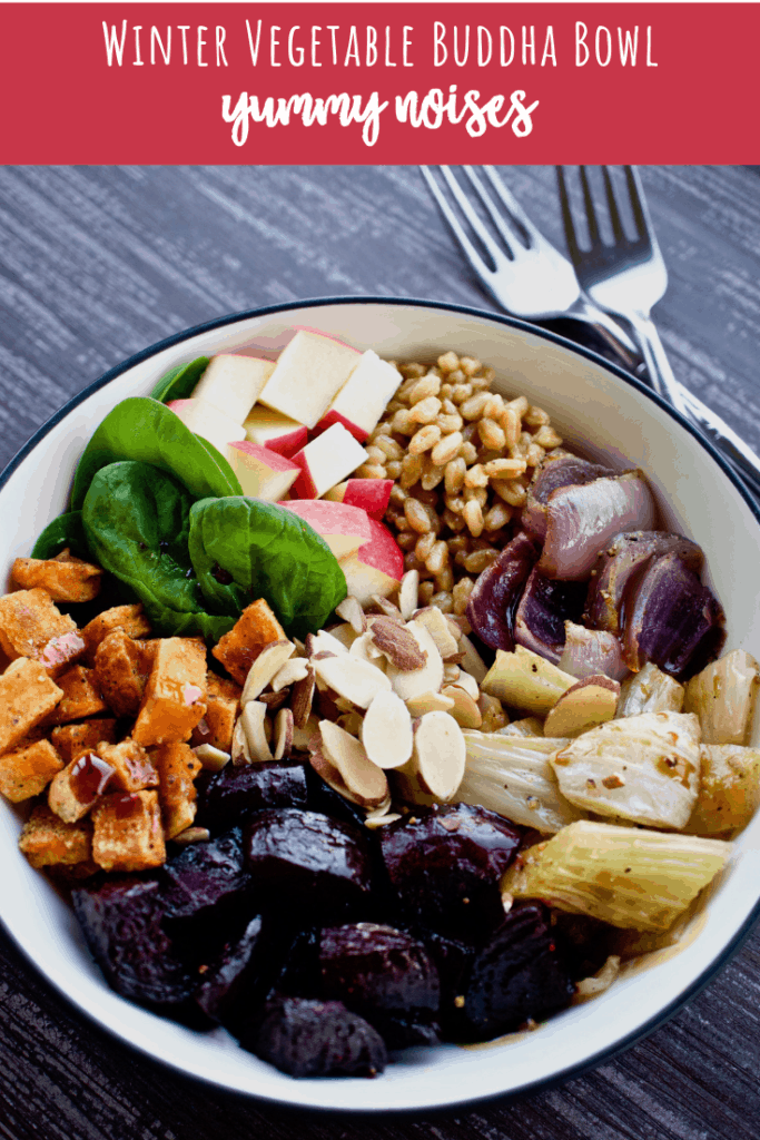 Winter Vegetable Buddha Bowl - This hearty and healthy Buddha bowl is full of tender farro and roasted winter vegetables like fennel, sweet potatoes and beets with crisp apple, crunchy almonds and sweet & tangy balsamic vinaigrette. | YummyNoises.com