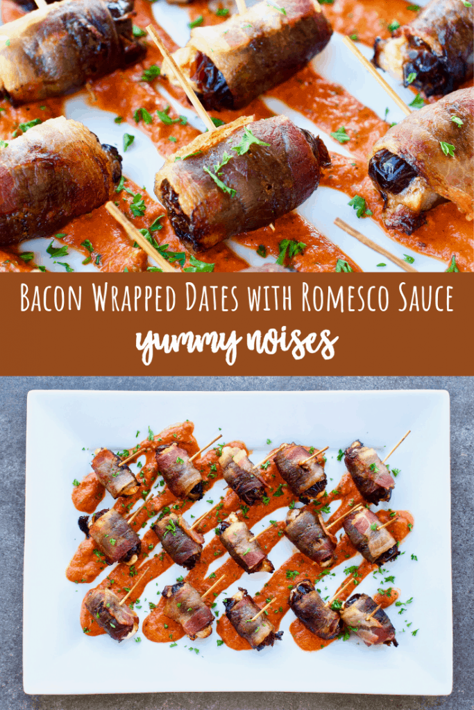Shareable social media image of bacon wrapped dates with romesco sauce
