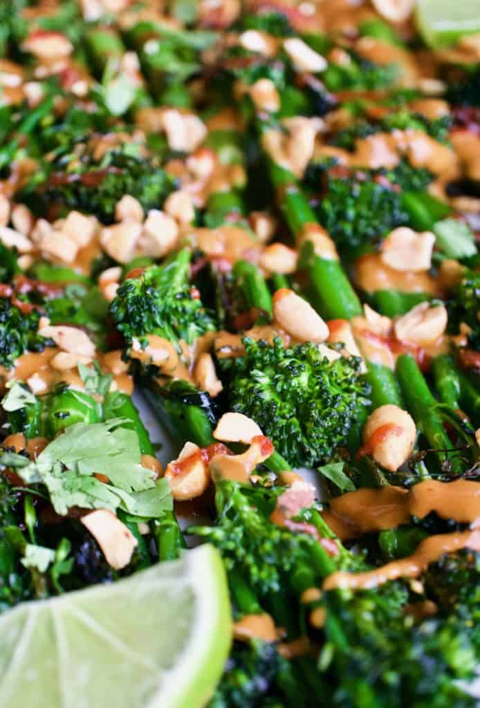Closeup view of roasted broccolini with spicy peanut sauce