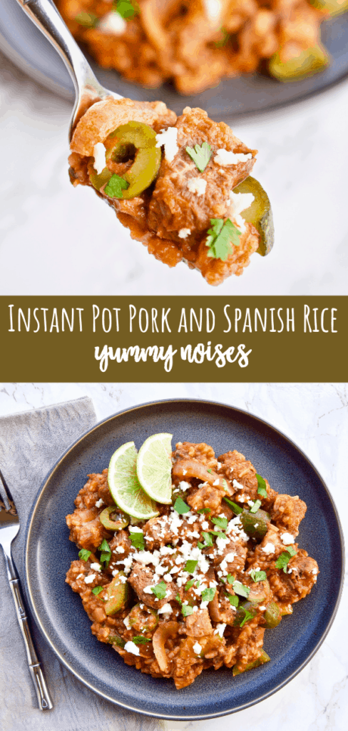 Shareable social media image of Instant pot pork and Spanish rice