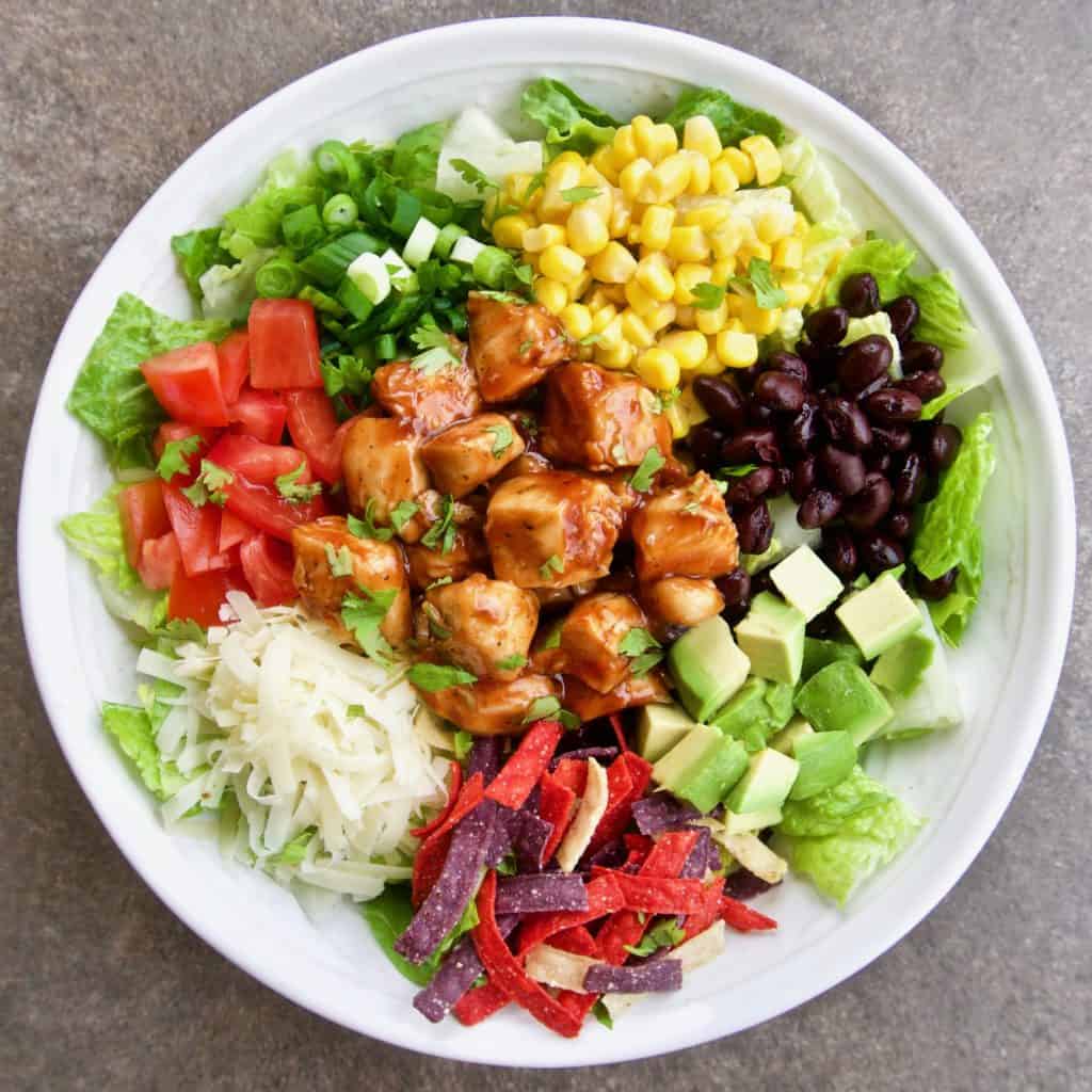 BBQ Chicken Chopped Salad served in a white bowl