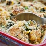 Grabbing a spoonful of butternut squash and swiss chard gratin