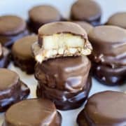 Chocolate peanut butter banana bites stacked on top of each other