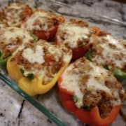 Classic stuffed peppers in a glass baking dish