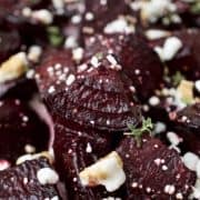 Closeup of roasted beets with goat cheese and balsamic vinaigrette