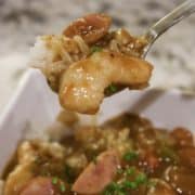Spoonful of shrimp and sausage gumbo