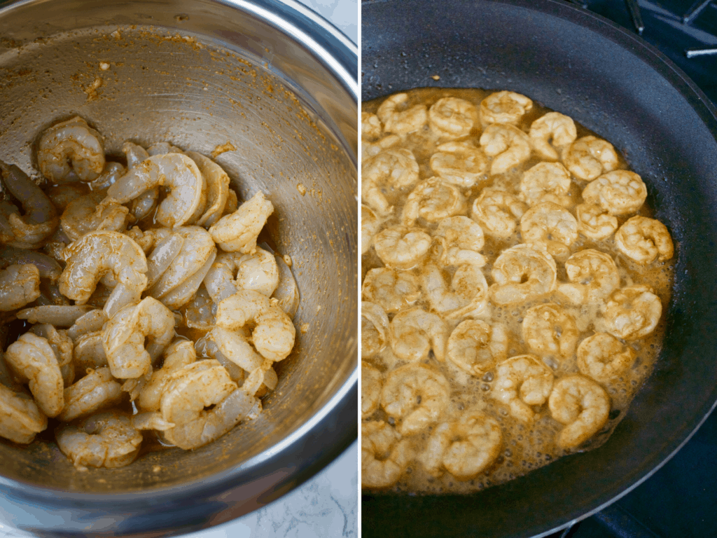 photo collage with shrimp marinating in silver bowl on left, shrimp cooking in a pan on right