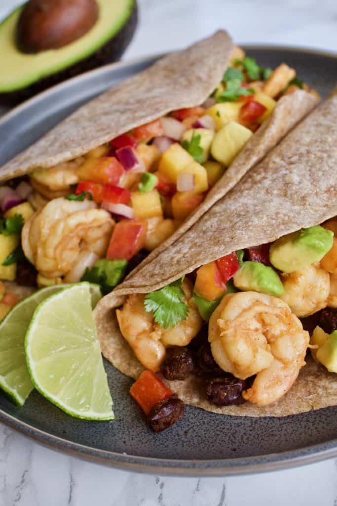 Chipotle Lime Shrimp Tacos on plate close up