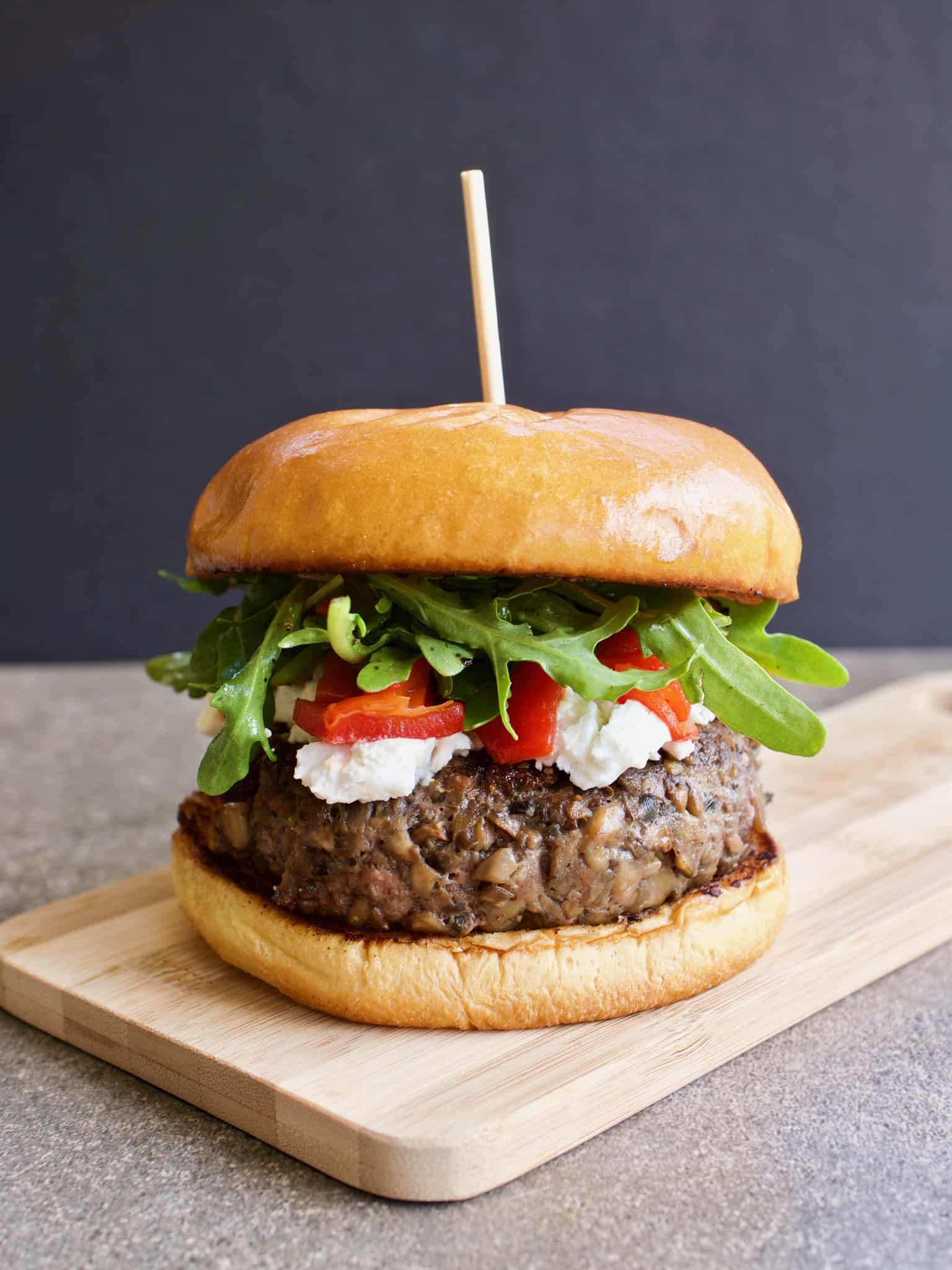 Baby Bella Beef Burger with Goat Cheese & Arugula - Yummy Noises